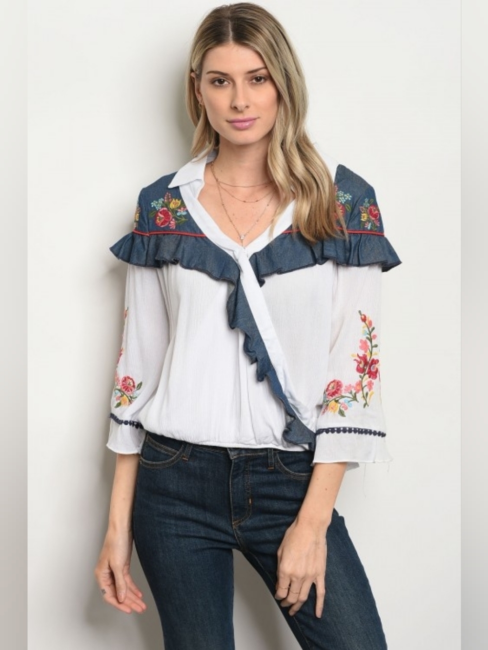 White Boho Ruffle Embroidered Wrap Top